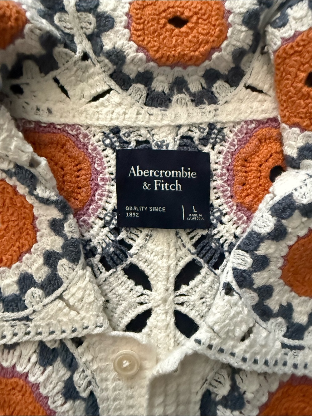 Abercrombie & Fitch Crocheted Button-Up Shirt in Cream, Orange & Navy - Picture 2 of 4
